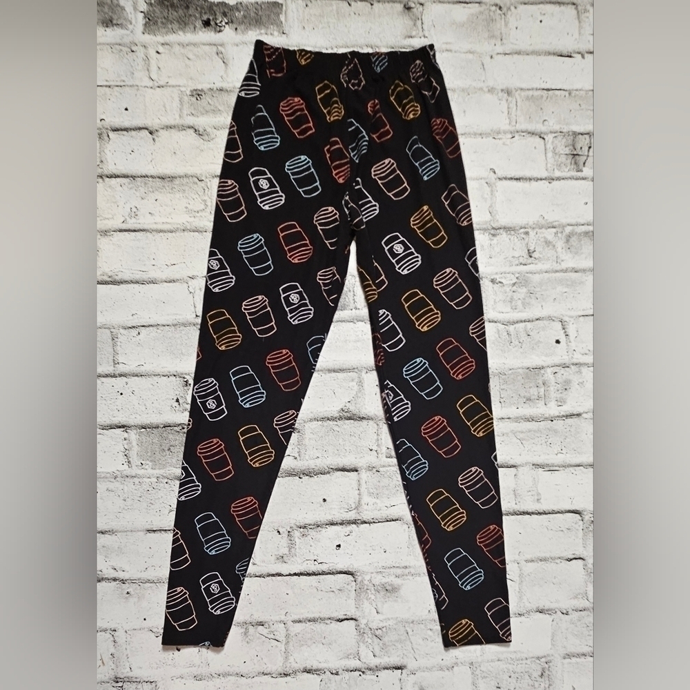 AGNES & Dora Black Leggings with Coffee Cup Print. Super Cute